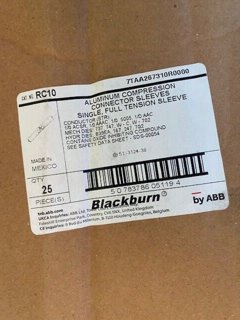 (25 PACK) Blackburn / ABB RC10 1/0Awg Tension Sleeve (NEW)