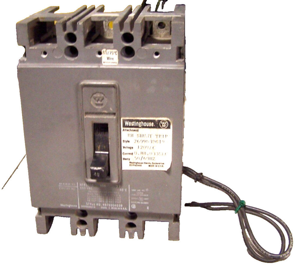 WESTINGHOUSE 40 AMP CIRCUIT BREAKER W/ SHUNT TRIP 600 VAC 3 POLE  HFB3040
