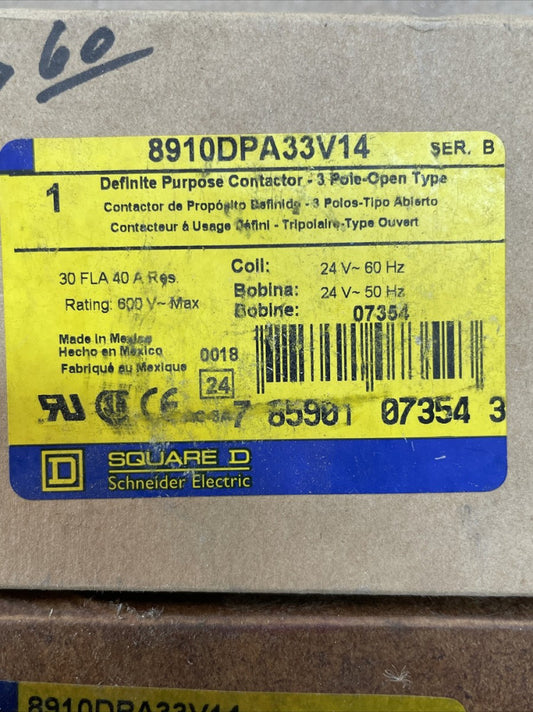 ( 1 ) Square D 8910DPA33V14 Definite Purpose Contactor 3 Pole 24V Coil 40 Amps