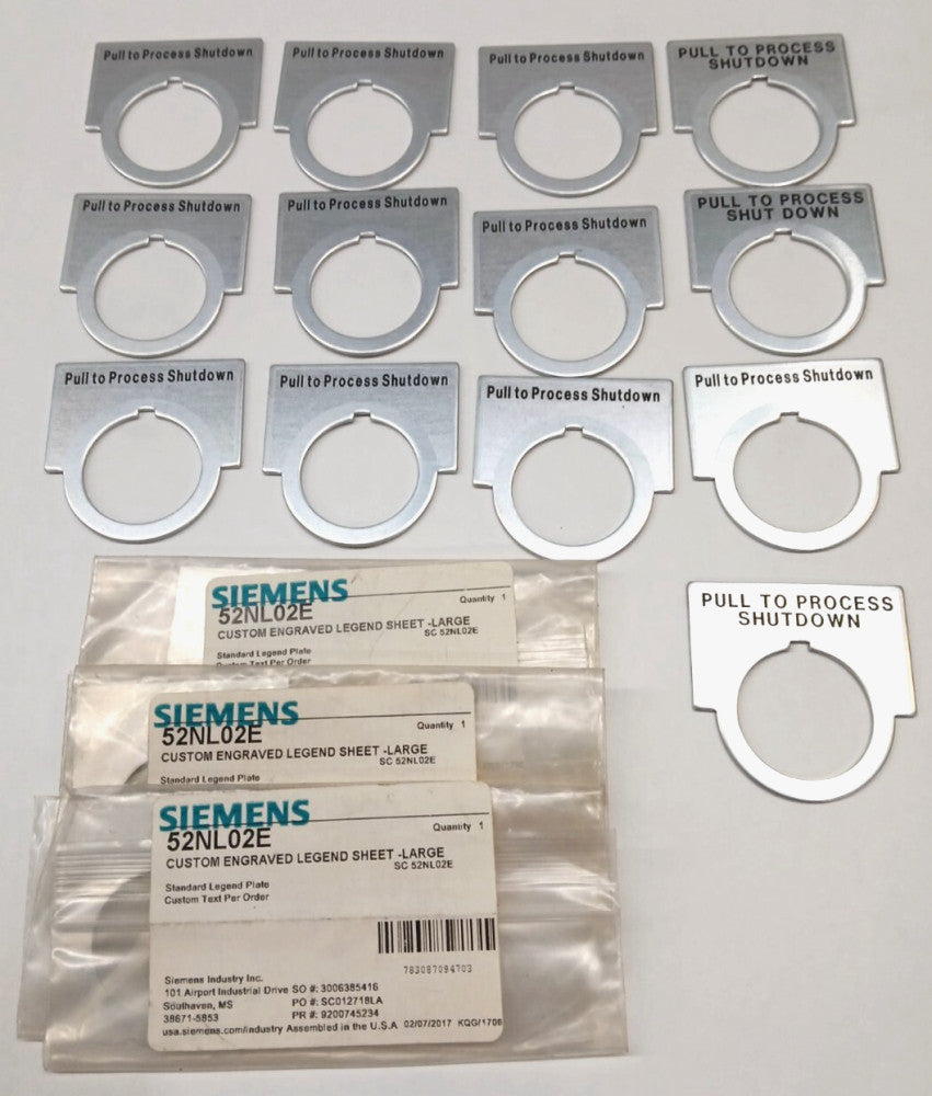 SIEMENS 52NL02E CUSTOM ENGRAVED LEGEND PLATE LOT OF 16  PULL TO PROCESS SHUTDOWN
