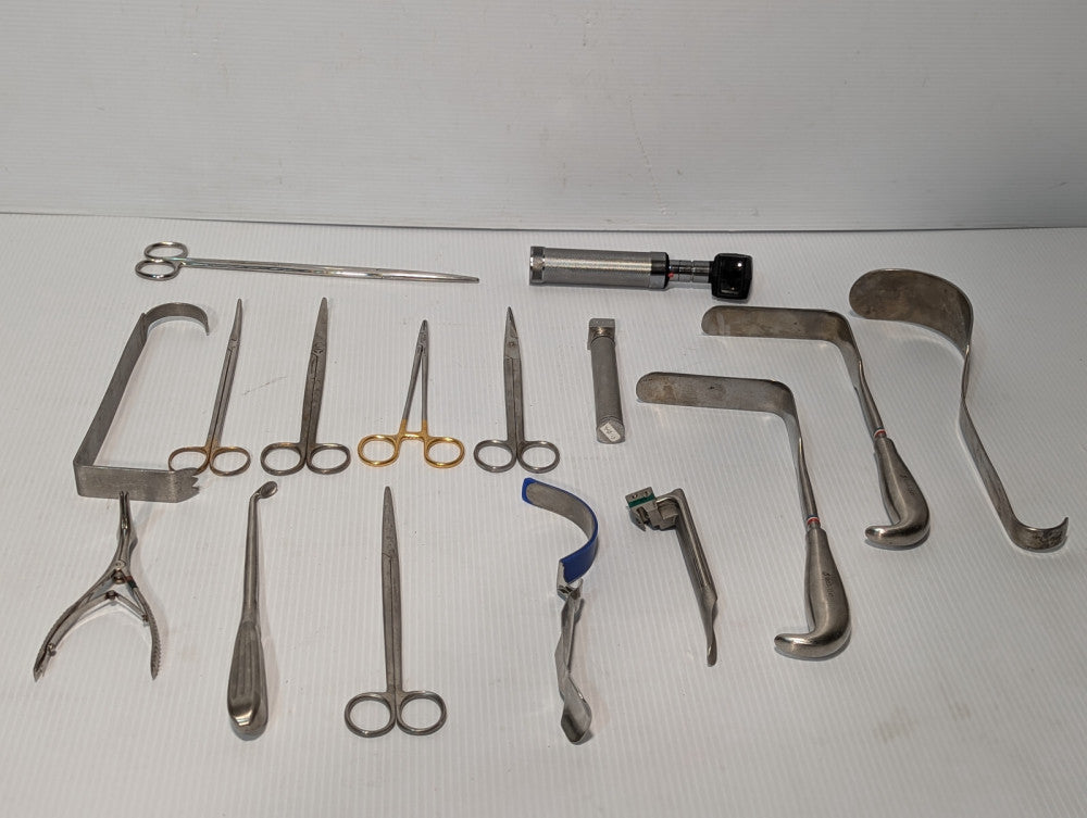 Lot of 16: Stainless ENT tools: retractor, needle holders,corette,airway inducer
