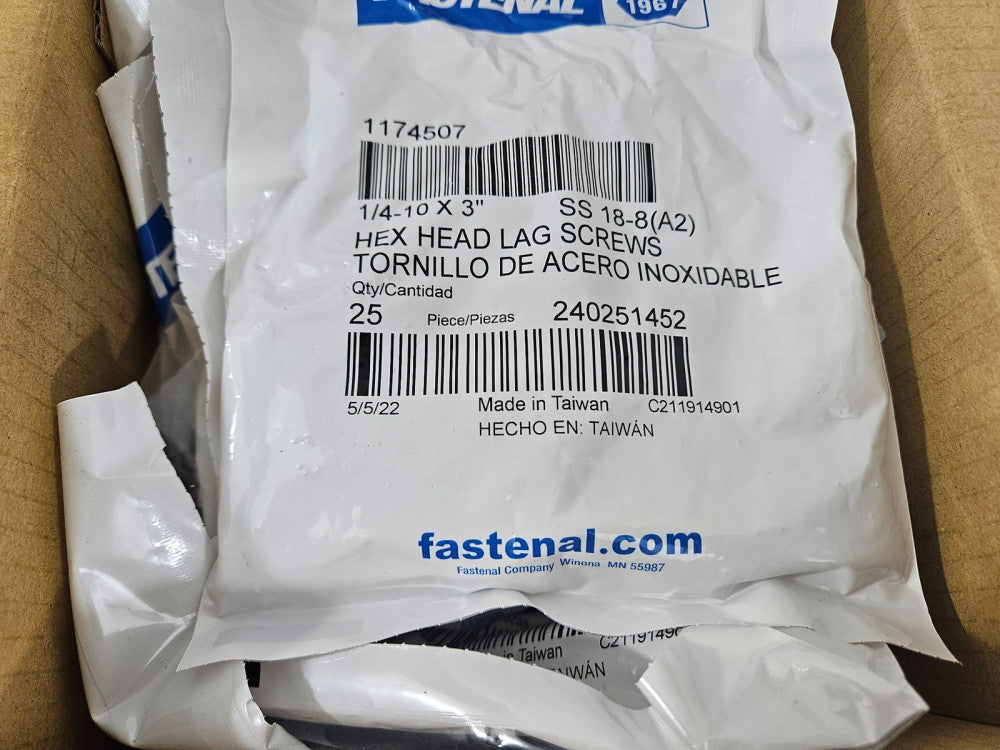 Box of 400 Fastenal Lag Screws 18-8 Stainless Steel 1/4x3" 1174507 (16) 25 packs