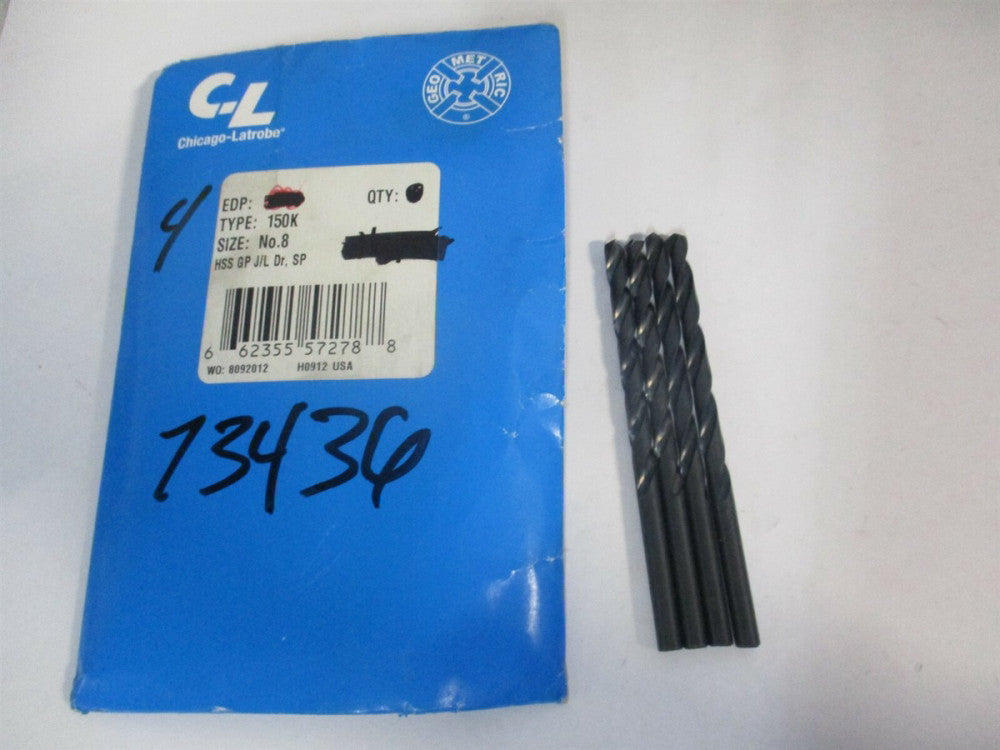 Cleveland (73436) #8 HSS RH Split Point Spiral Flute Jobber Drill Bit - Lot of 4