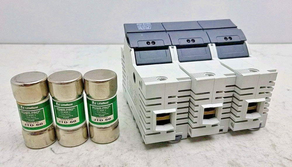 Allen Bradley 1492-FB3J60-L Fuse Holder 60A 600V 3P w/ 3 JTD60 60 Amp Fuses
