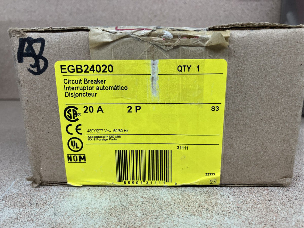 1-Square D EGB24020 20 Amp 480Y/277 VAC 2 Pole Bolt-On Circuit Breaker NEW