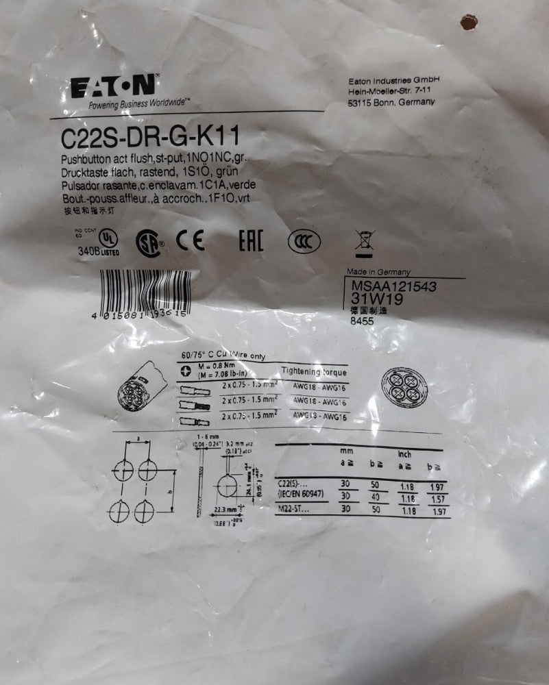 Eaton C22S-DR-G-K11 Pushbutton GREEN. 1NO 1NC