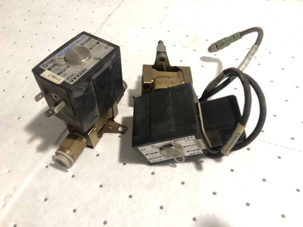 SMC VX2330 Solenoid Valves, Lot of 2 used valves for air, water & lt. oil