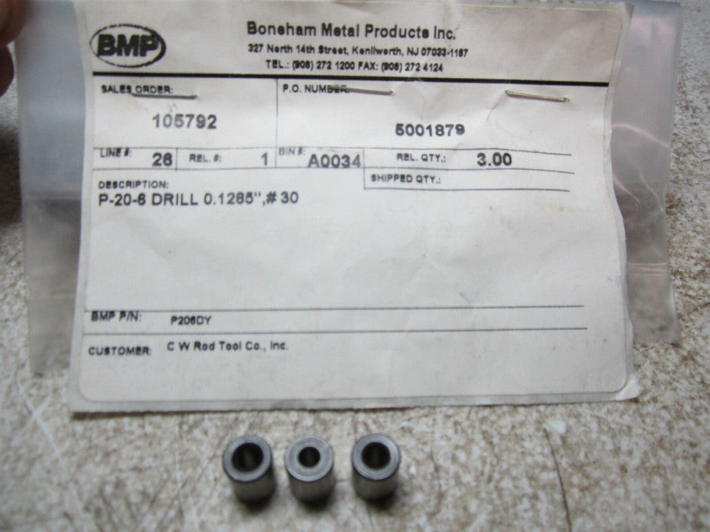 Boneham Metal P-20-6 0.1285" #30 Diameter Drill Bushing - Pack of 3