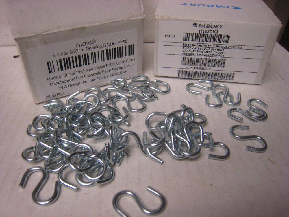 2 -Boxes  50 pcs  each = 100 pc FABORY 2ZDK3 S Hook Steel Zinc Plated Pack of 50