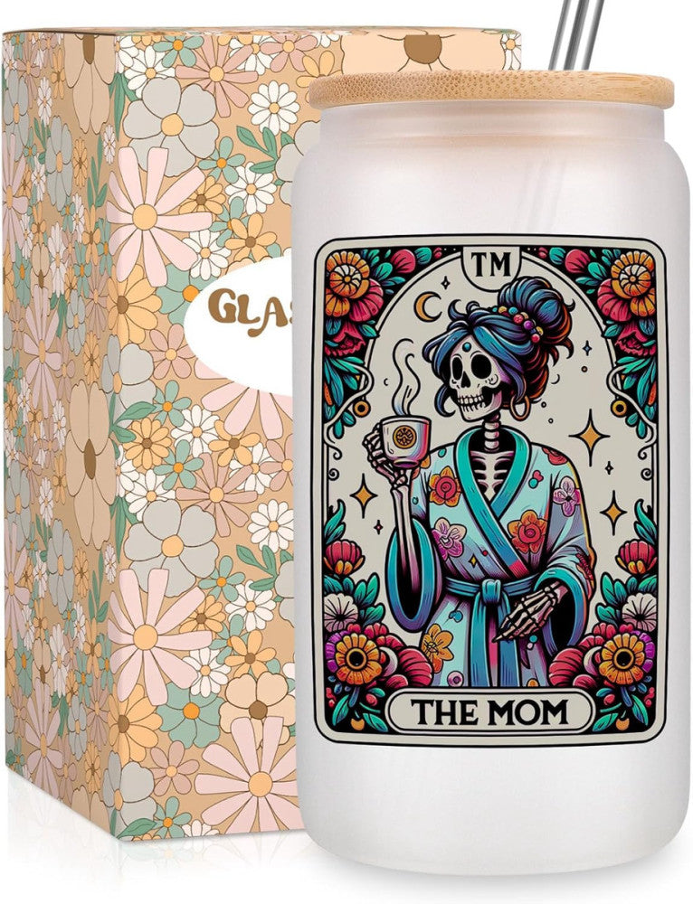 Fairy'S Gift Skeleton Mom Iced Coffee Cups, Cute 16 Oz Frosted Glass Tumbler W/L