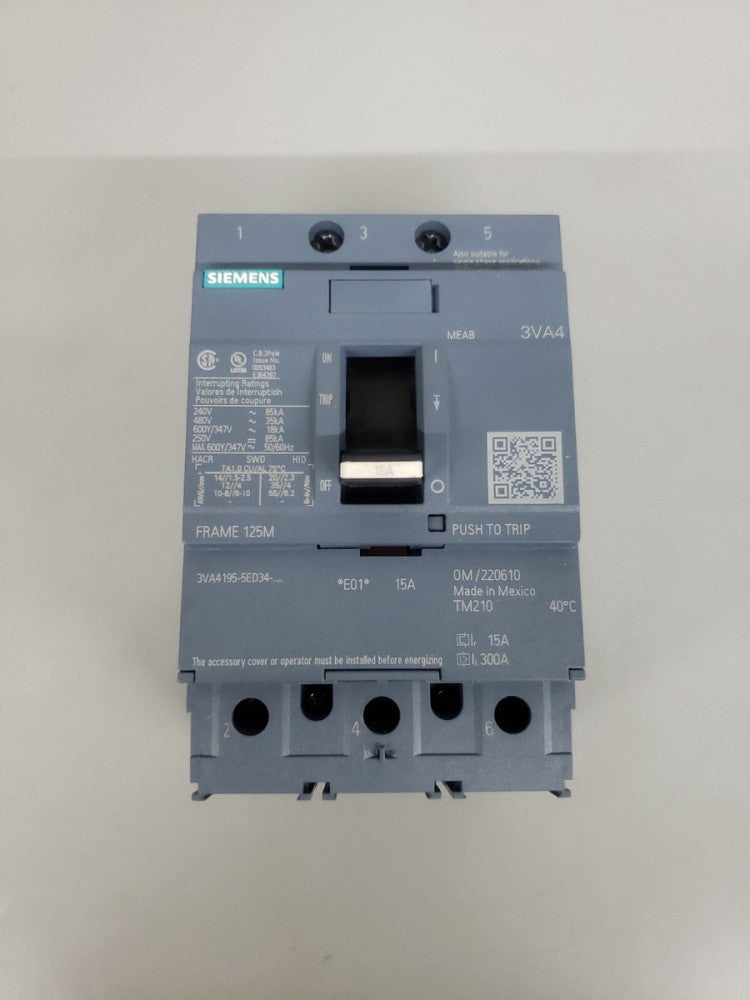 1) New Take Out! Siemens 3VA4195-5ED34-0AA0 3Pole 15Amp Circuit Breaker *M Frame