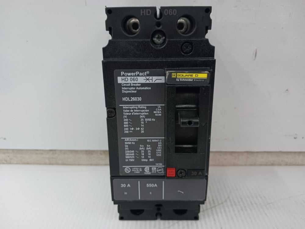 Square D PowerPact 30 Amp Circuit Breaker 2 Pole 600 VAC / 250 VDC 18kA HDL26030