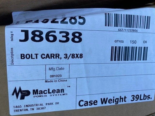 (CASE OF 150) MACLEAN POWER SYSTEMS J8638 Carriage Bolts (NEW)