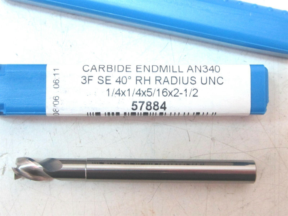 57884 Niagara Solid Carbide 1/4 X 1/4 X 5/16 X 2-1/2 Corner Radius End Mill New