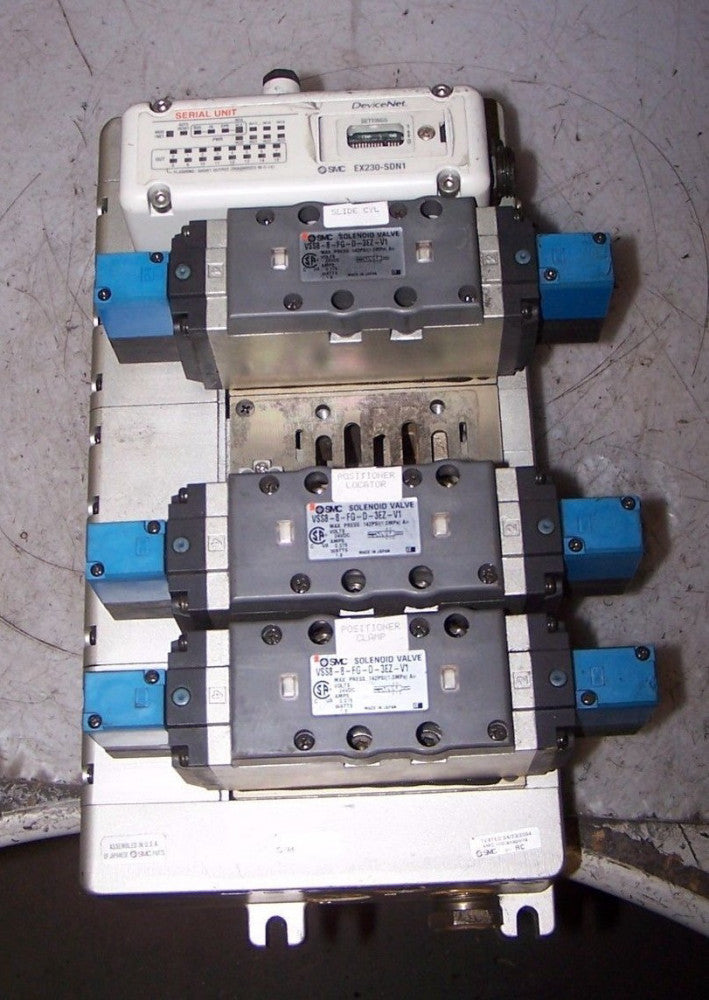 SMC 5 BANK MANIFOLD W/ 3 SOLENOID VALVES VSS8-8-FG-D-3EZ-V1 24 VDC COIL