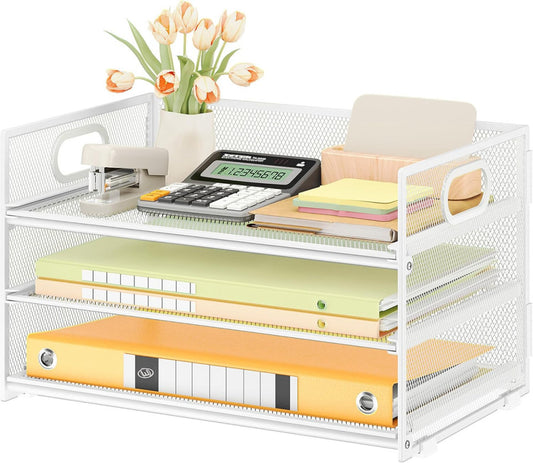 3 Tier Letter Tray Paper Organizer with Handle, 1 PC Sliding Tray, White Metal M