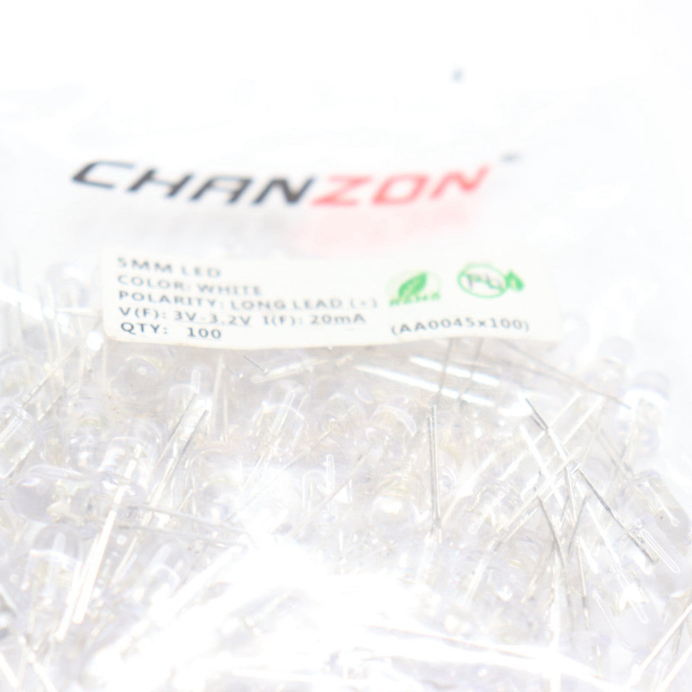 (100-Pk) Chanzon Long LED White 20MA 5MM 3V-3.2V AA0045X100-F