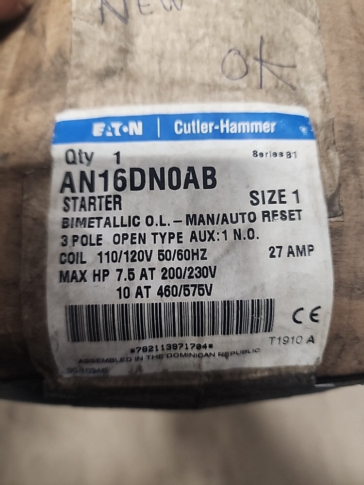 AN16DN0AB Freedom Series Starter 3POLE 27AMP Nema Size 1 EATON/Cutler Hammer NEW