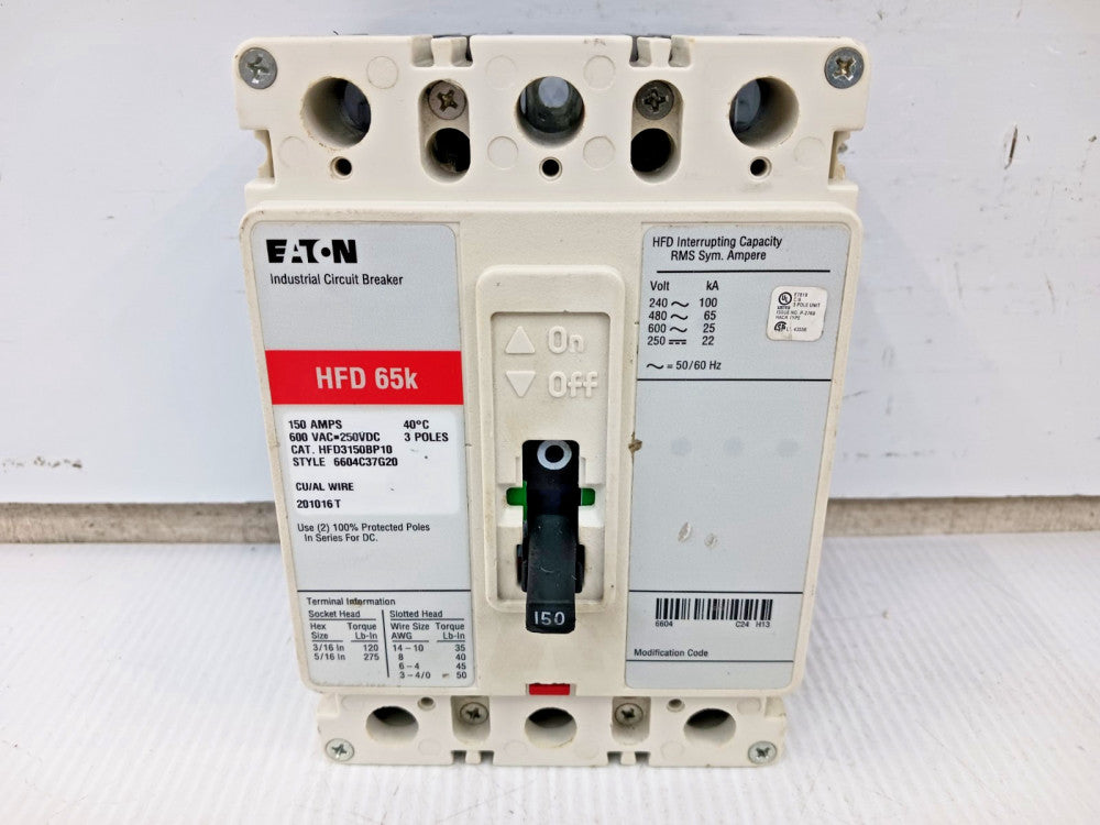 Eaton 150 Amp Industrial Circuit Breaker 3 Pole 600 VAC / 250 VDC HFD3150BP10