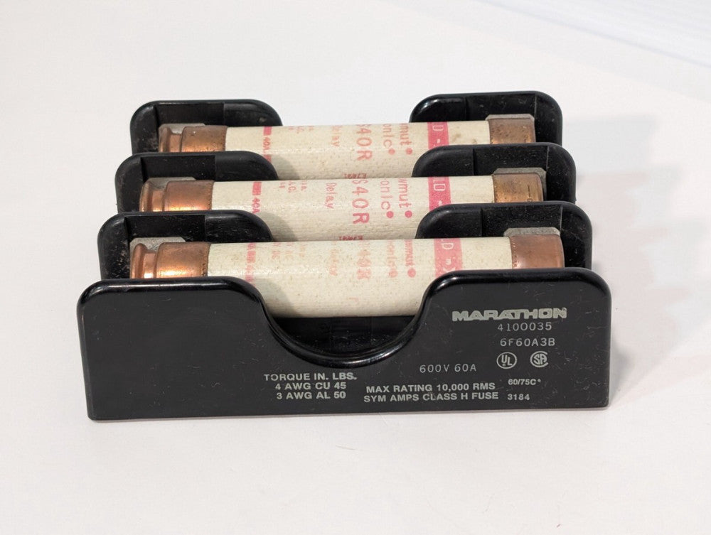 Marathon 4100035 Motor Starter Fuse block holder & 3 Gould Shawmut TRS40R Fuses