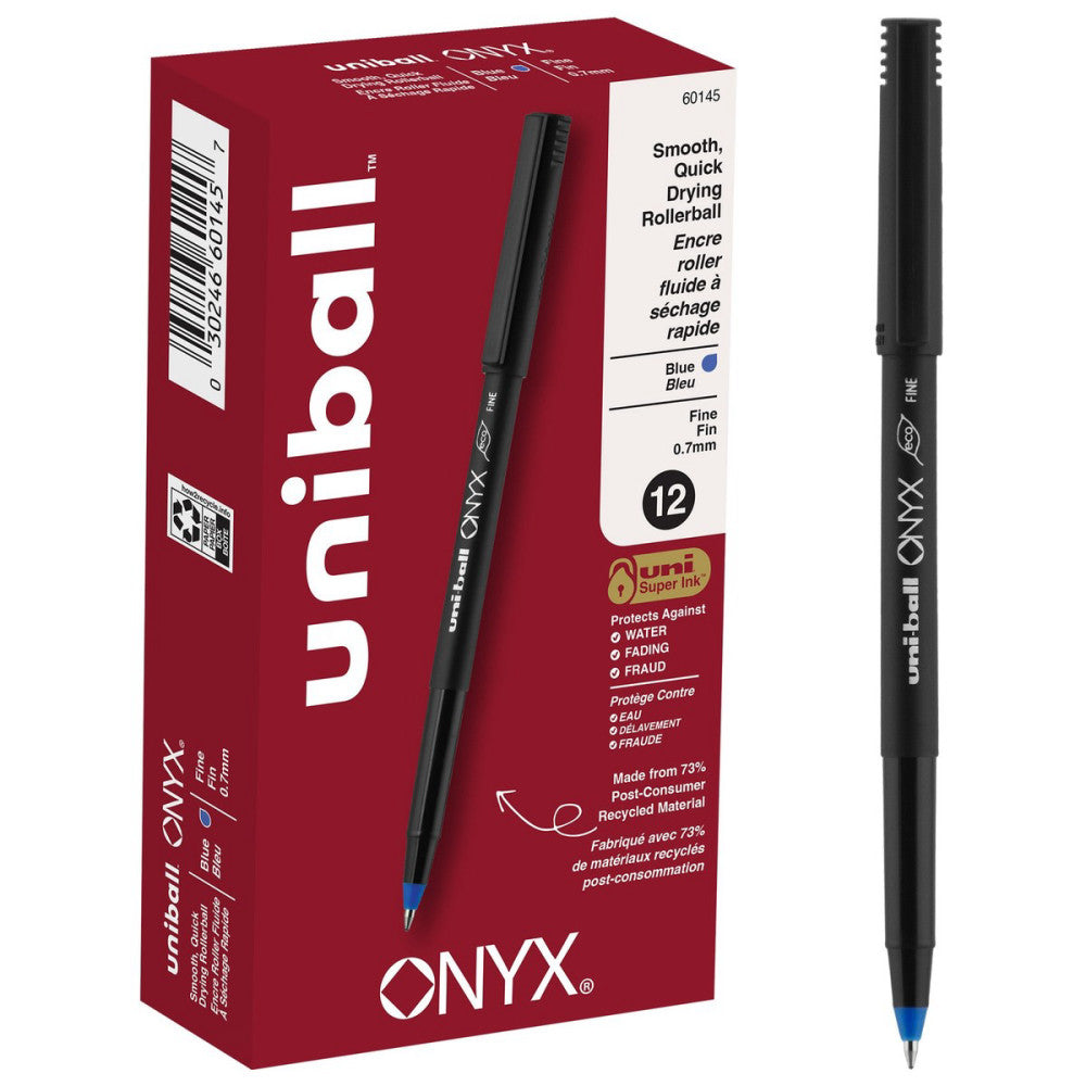 uni-ball Onyx Rollerball Pens, Fine Point, 0.7 mm, Black Barrel, Blue Ink, Pac