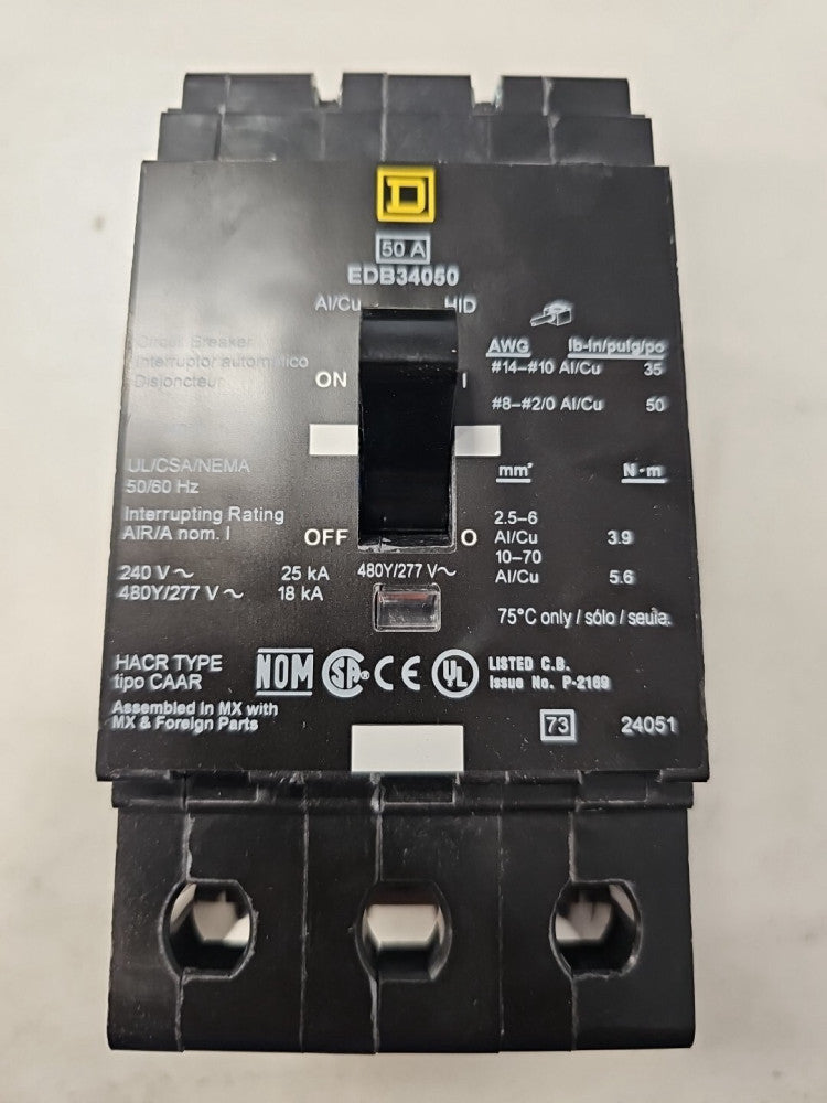 NEW NO BOX Square D EDB34050 50 Amp 3 Pole 480Y/277V Bolt On EDB Circuit Breaker