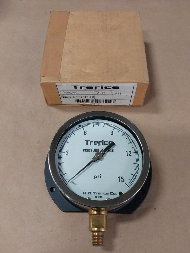 TRERICE PRESSURE GAUGE 500XGG Model 500XB 4.5" 1/4" LM RANGE 0/15 PSI