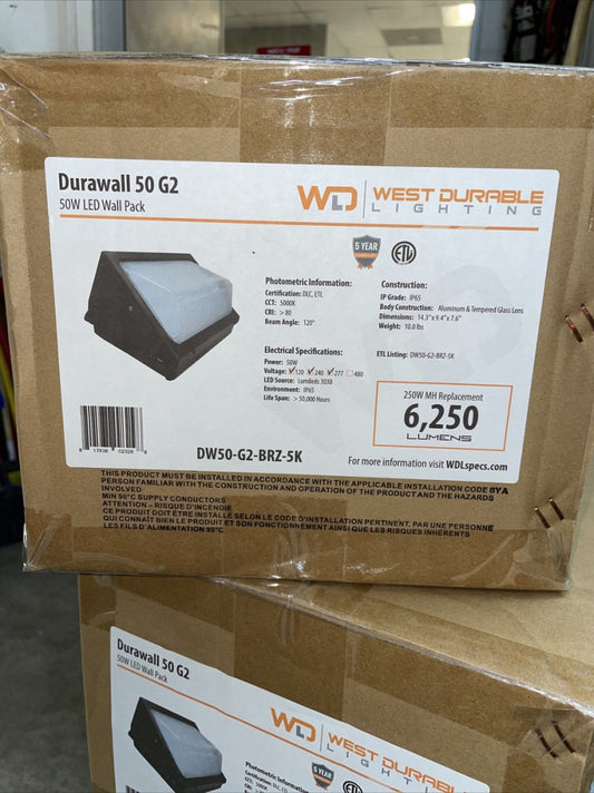 1- West Durable Lighting DW50G2BRZ5K - 50W Led Wallpack 5K 6250LM Durawall ~ NEW