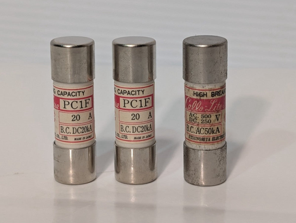 Lot of 3 Cello-Lite PC1F 20A High Hi Capacity Fuses B.C.DC20kA Made In Japan