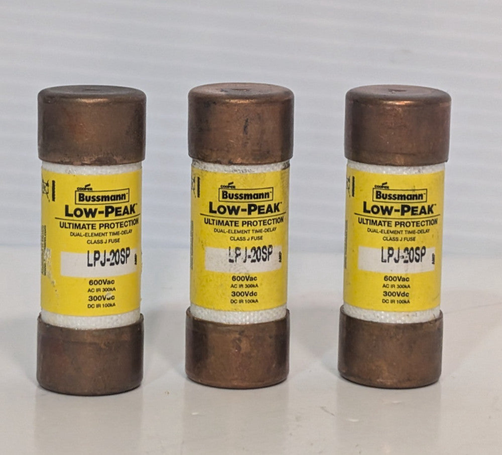 Lot of 3: Bussmann LPJ-20SP Low-Peak Time-Delay Dual-Element Fuses 600VAC 300VDC
