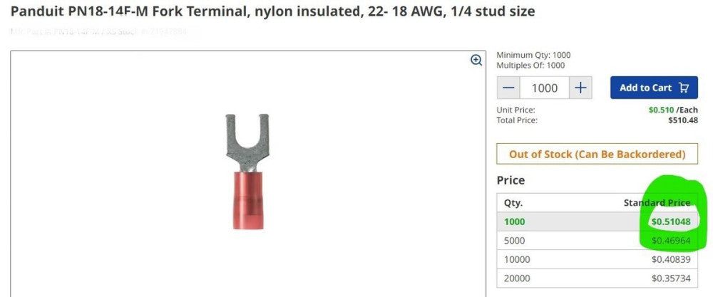 Panduit PN18-14F Fork Terminal, nylon insulated, 22- 18 AWG, ¼” stud (25-Pack)