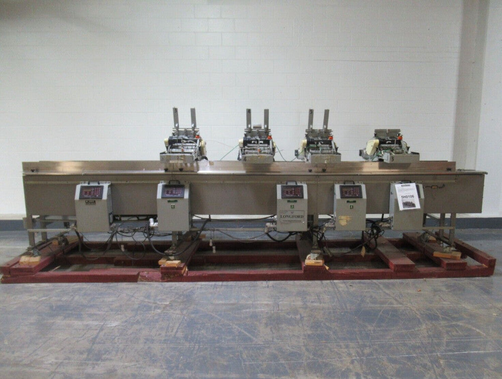 Bank of 4 LONGFORD Model B850RT9-W12 Batch Counting Friction Feeders w/ Conveyor