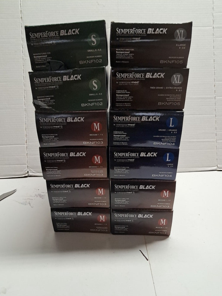 12 Boxes SemperForce BKNF105 Black Nitrile Exam Gloves Size Mixed