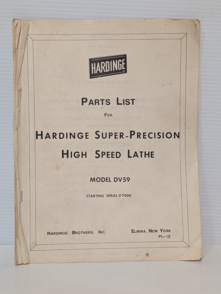 Hardinge Model DV59 Super Precision High Speed Lathe Parts List, as shown