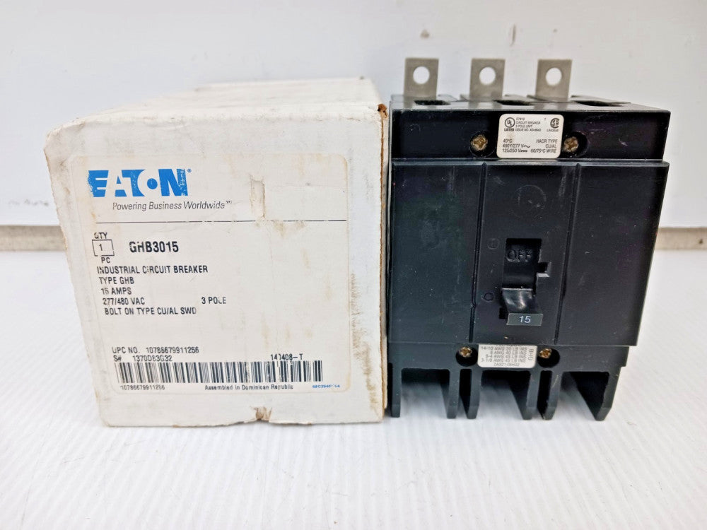 New Eaton 15 Amp Bolt-On Circuit Breaker 3 Pole 480Y/277 VAC 65kA GHB3015 *Flaw*