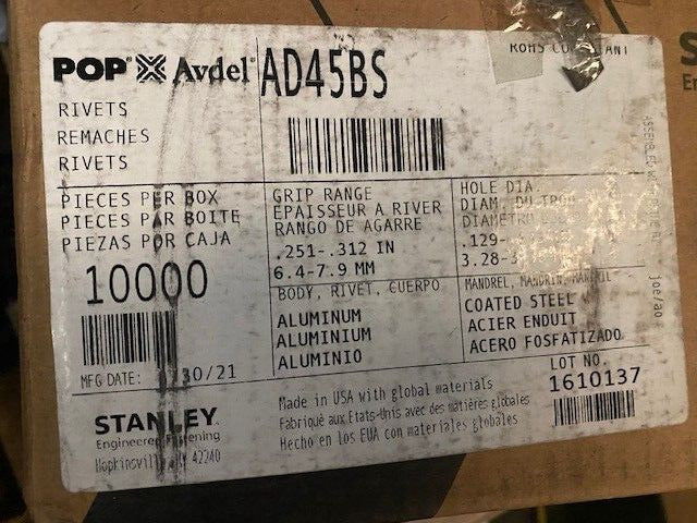 (Case of 10,000) POP AD45BS Open End Rivet, 1/8 inch (.125) (.251-.312 grip)