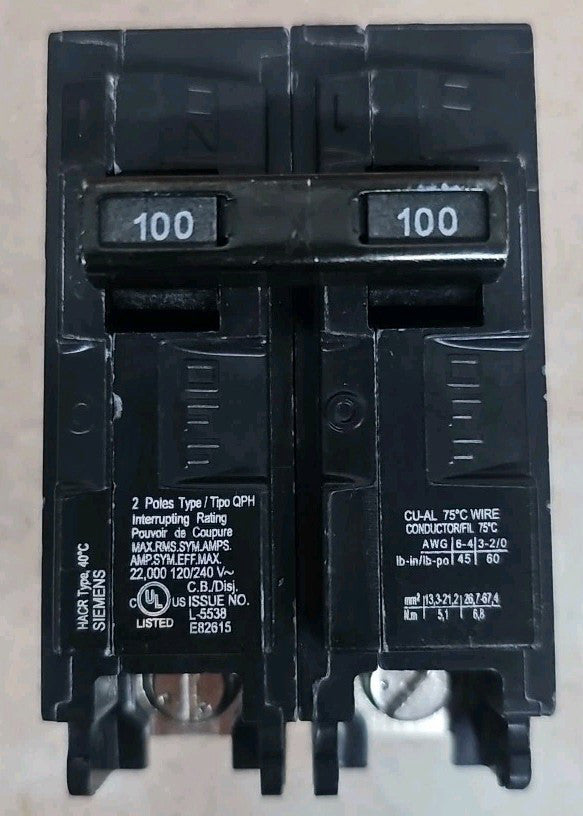 1) New Old Stock Siemens Q2100H 100 Amp 2 Pole 120/240V 22kA Circuit Breaker