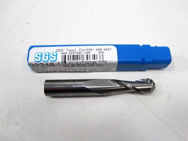 SGS 30346 Solid Carbide Right Hand 2 Flute 2-1/2" OAL 23/64" Ball End Mill NEW