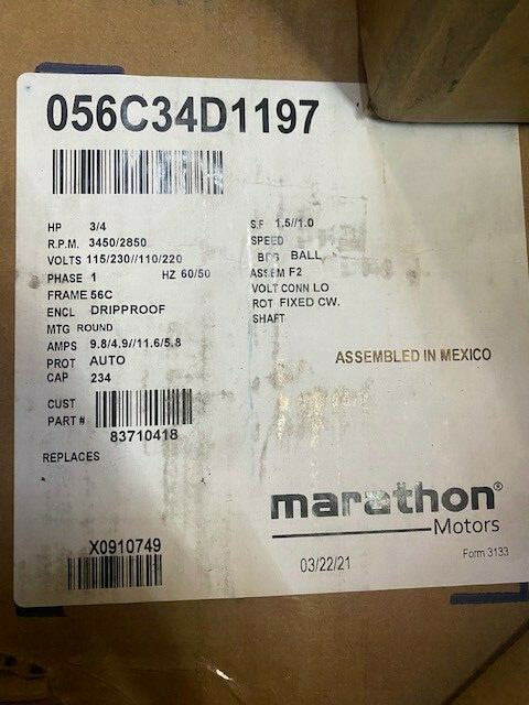 Marathon Electric Motor 056C34D1197 3/4HP 3450RPM 1 phase AC Motor (NEW)