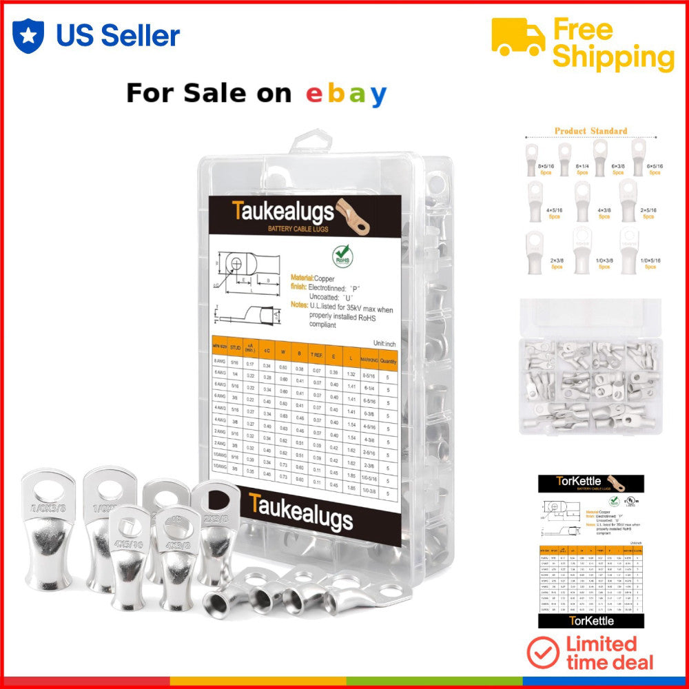 Battery Terminal Connectors Copper Lugs Assortment Kit 10 Sizes Marine Ring