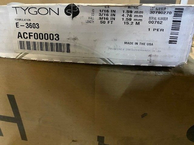 Tygon Acf00003 Tubing, Clear, 1/16 In. Inside Dia, 50 Ft.