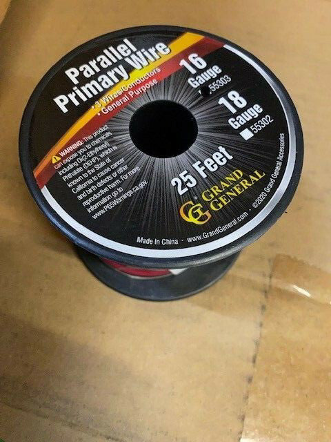 Parallel Primary 2-Wire 25ft Roll with Spool for trucks, automobiles Red & White