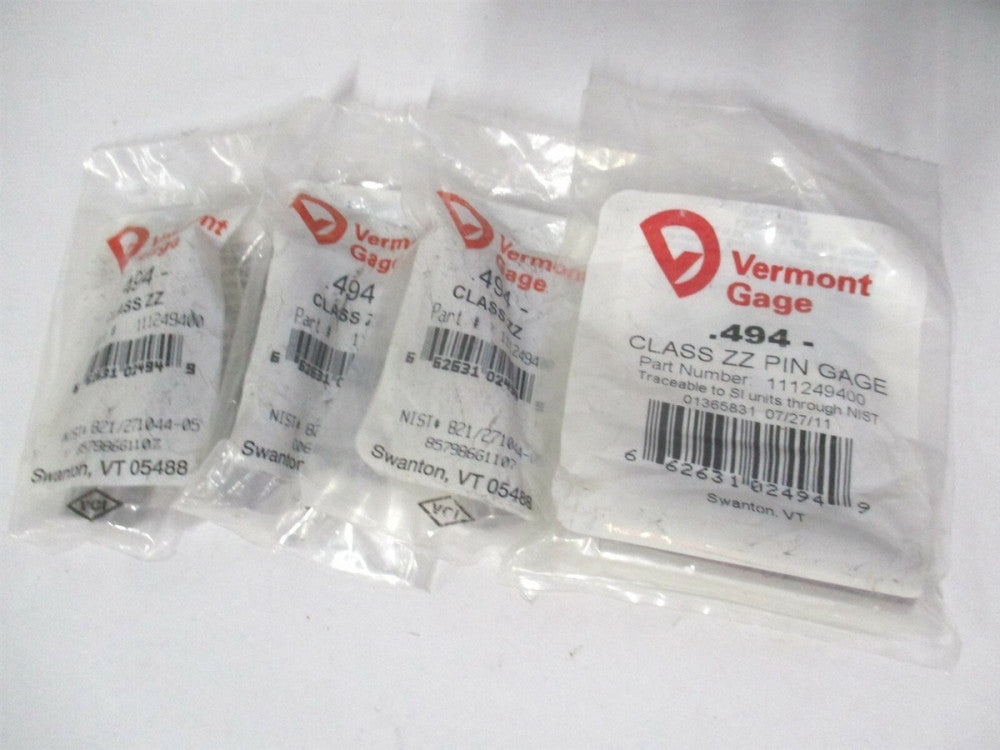 Vermont Gage (111249400) 0.494" Diam Class ZZ Minus Plug & Pin Gage - Lot of 4