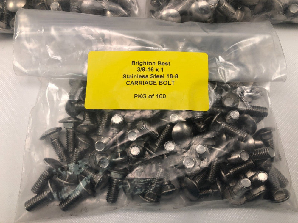 3/8-16 x 1" Carriage Bolts Brighton Best Stainless Steel 18-8 Round Head Qty 100