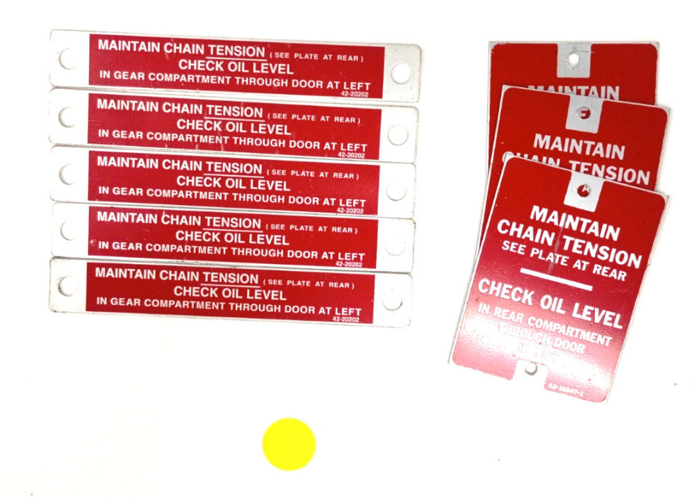 WARNING LABEL PLAQUES MAINTAIN CHAIN TENSION AND CHECK OIL LEVELS  (LOT OF 10)