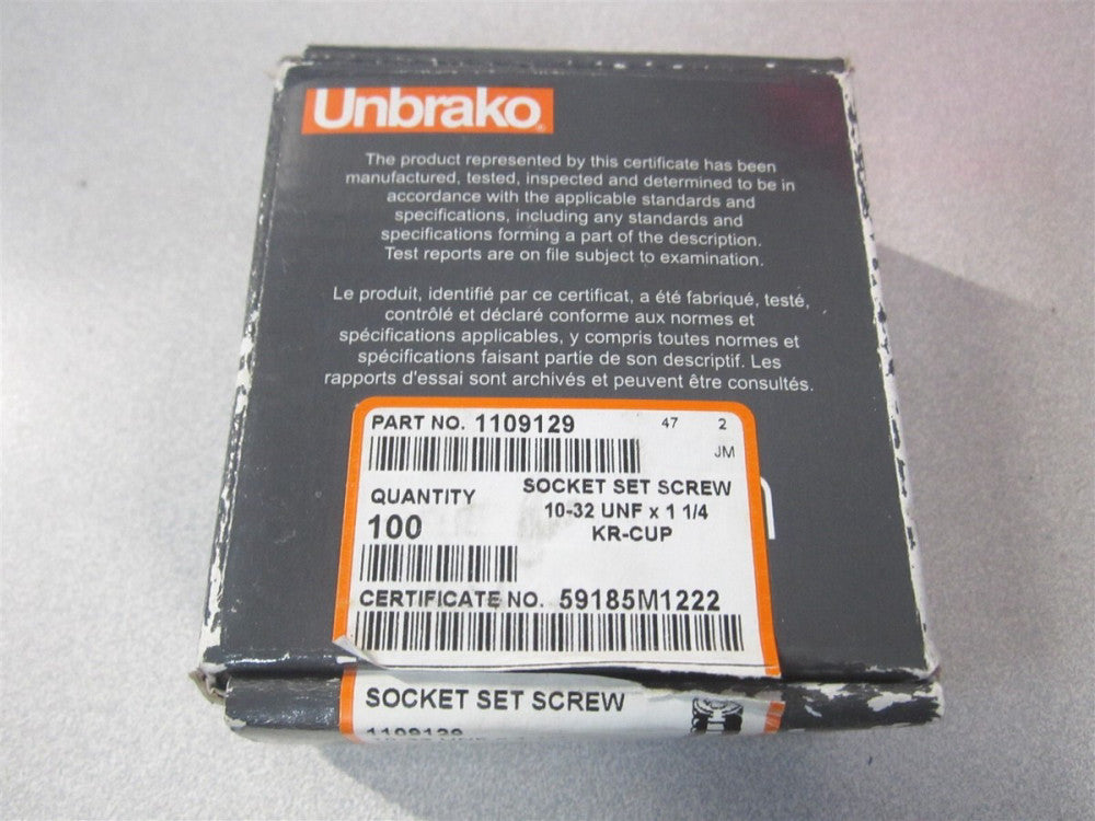 Unbrako (109129) #10-32, 1-1/4" Alloy Steel, Grade 8 Set Screw - Pack of 100