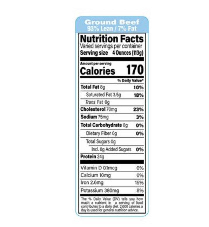 Ground Beef 93% Lean 7% Fat Meat Nutritional Grinds Label 1.5” x 4.125” 1000