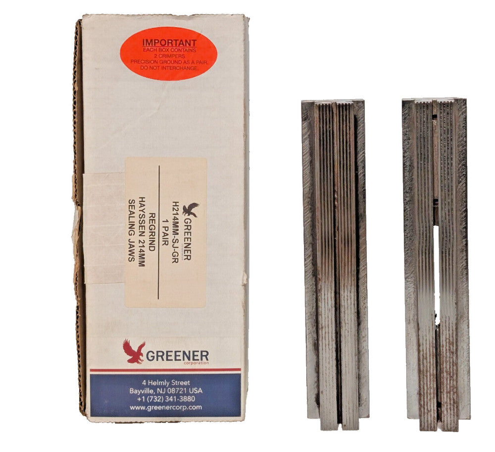 Pair of Greener Corp. H214MM-SJ-GR Regrind Hayssen 214mm Sealing Crimper Jaws
