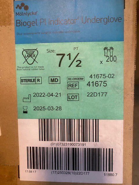 *200-Pair* Molnlycke Biogel PI Indicator Underglove Size-7.5 Polyisoprene 41675