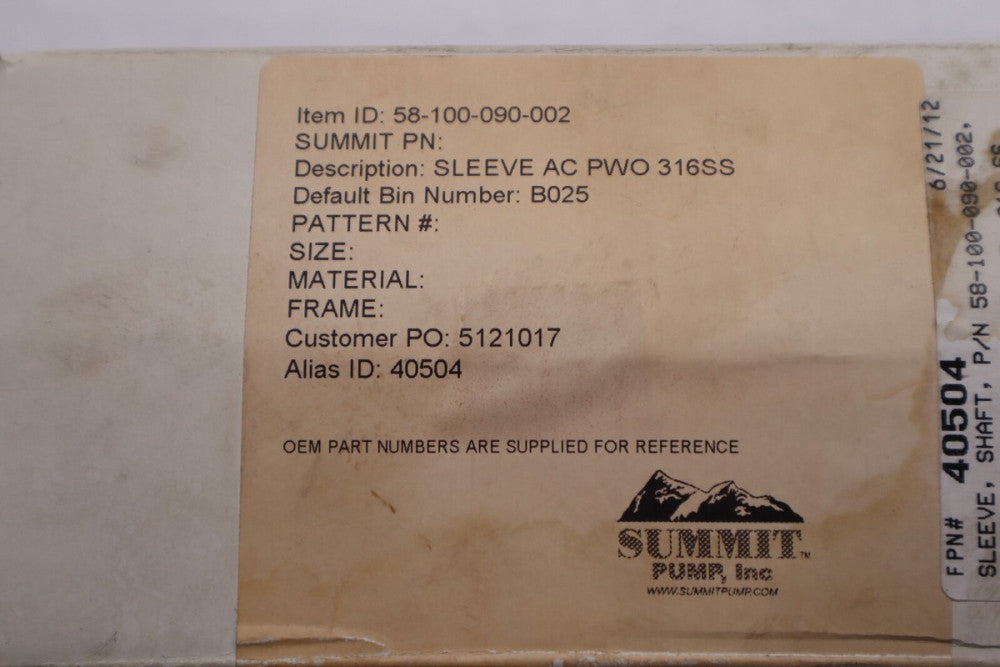 SLEEVE SHAFT SUMMIT SLEEVE AC PWO 316SS PN: 50-100-090-002 NEW STOCK 1942